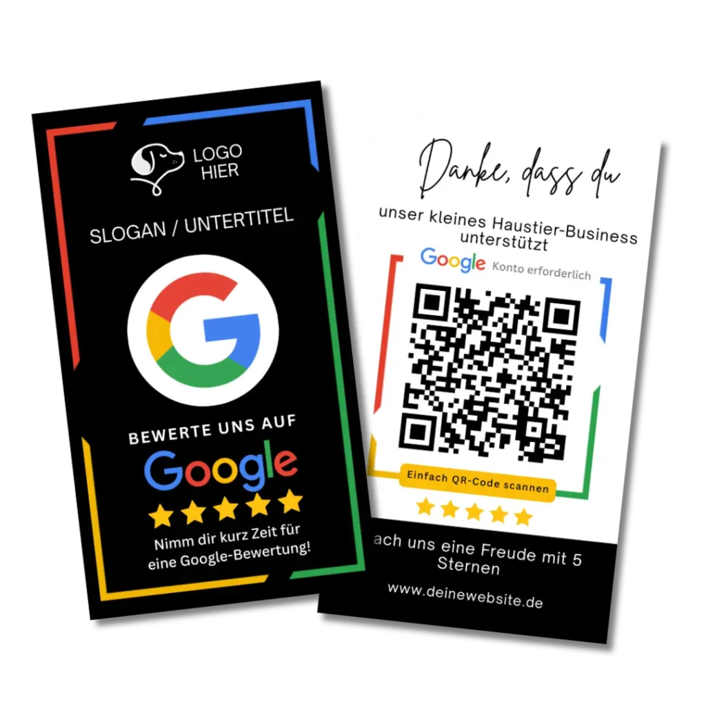 Editierbare Vorlage für eine Google-Bewertungskarte mit QR-Code für Hundesalons und Tiersitter.
